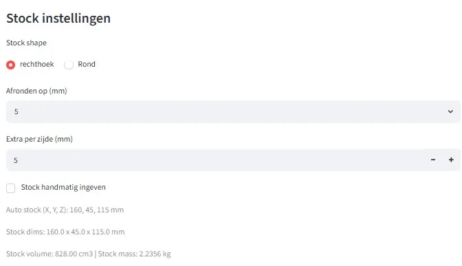 CNC Price Tool automatische stockberekening