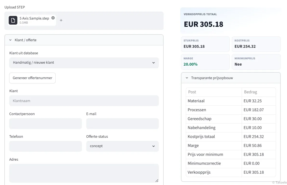 CNC Price Tool offerte en prijskaart in een overzicht