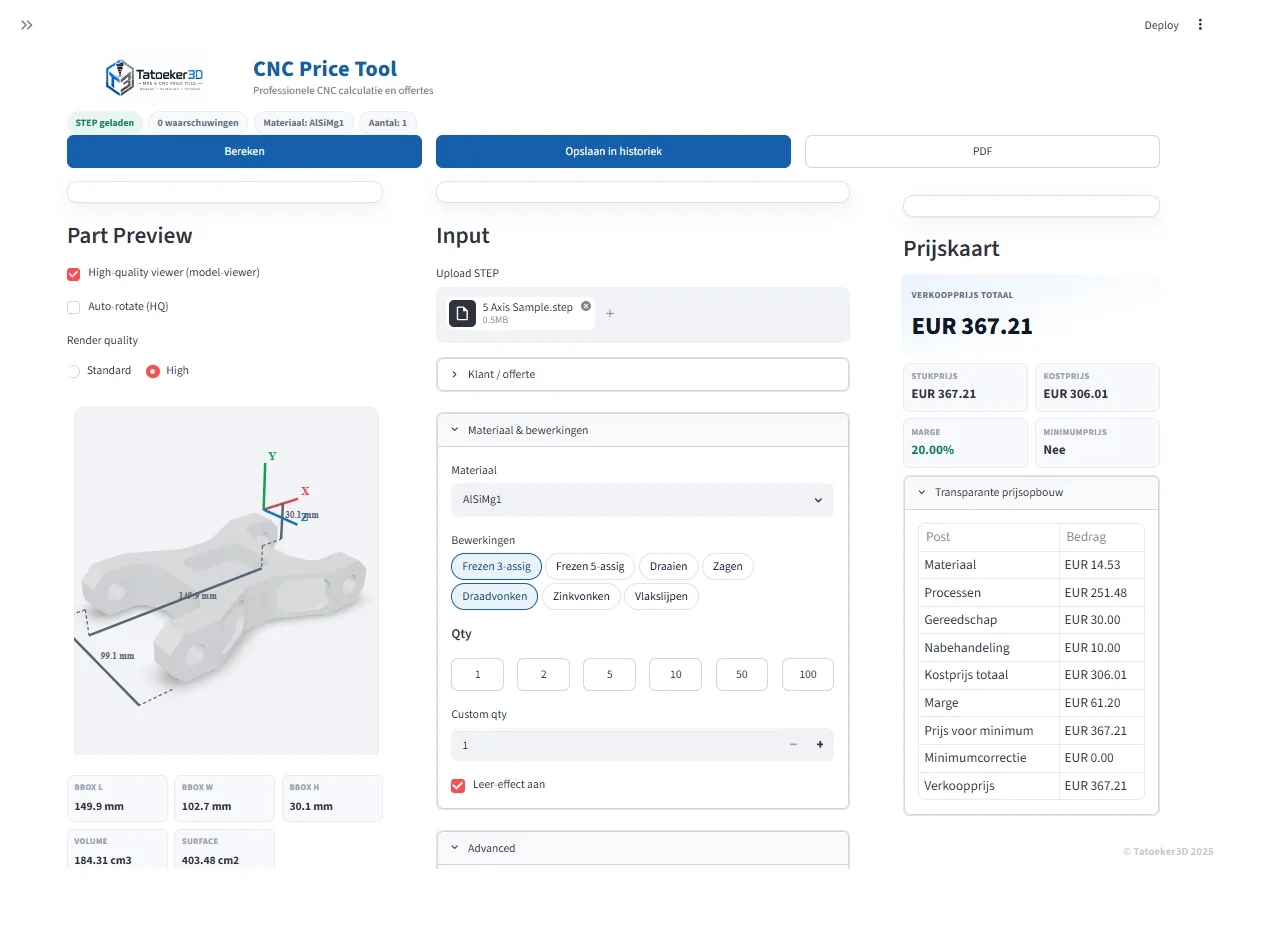 Tatoeker CNC Price Tool met STEP-preview en prijskaart