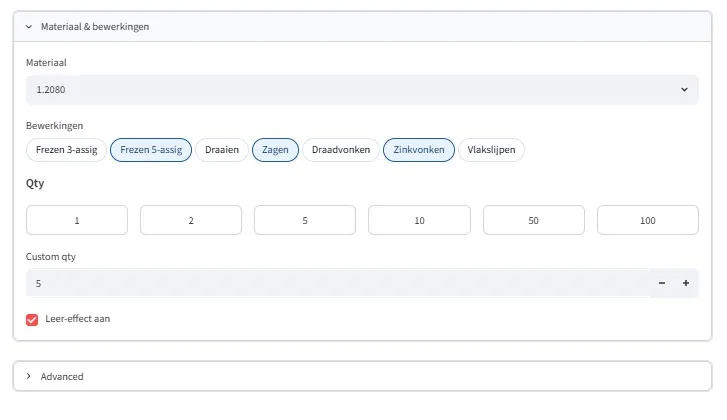 CNC Price Tool selectie van verschillende bewerkingen