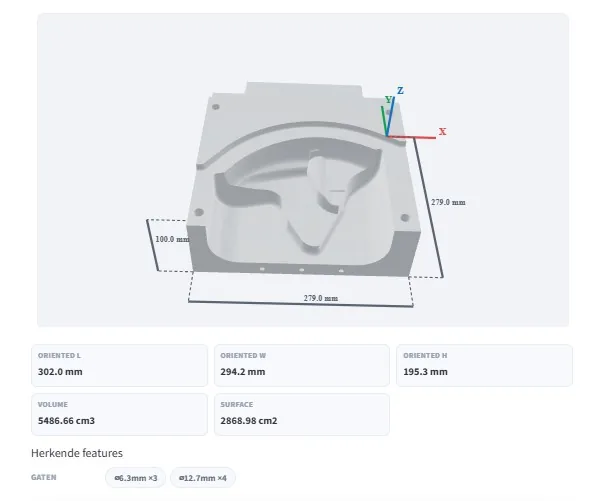 CNC Price Tool werkstuk preview met afmetingen en herkende features