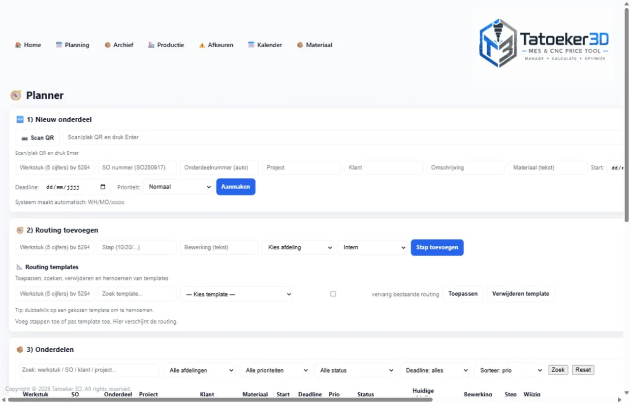 Tatoeker MES planningpagina voor werkorders en routing